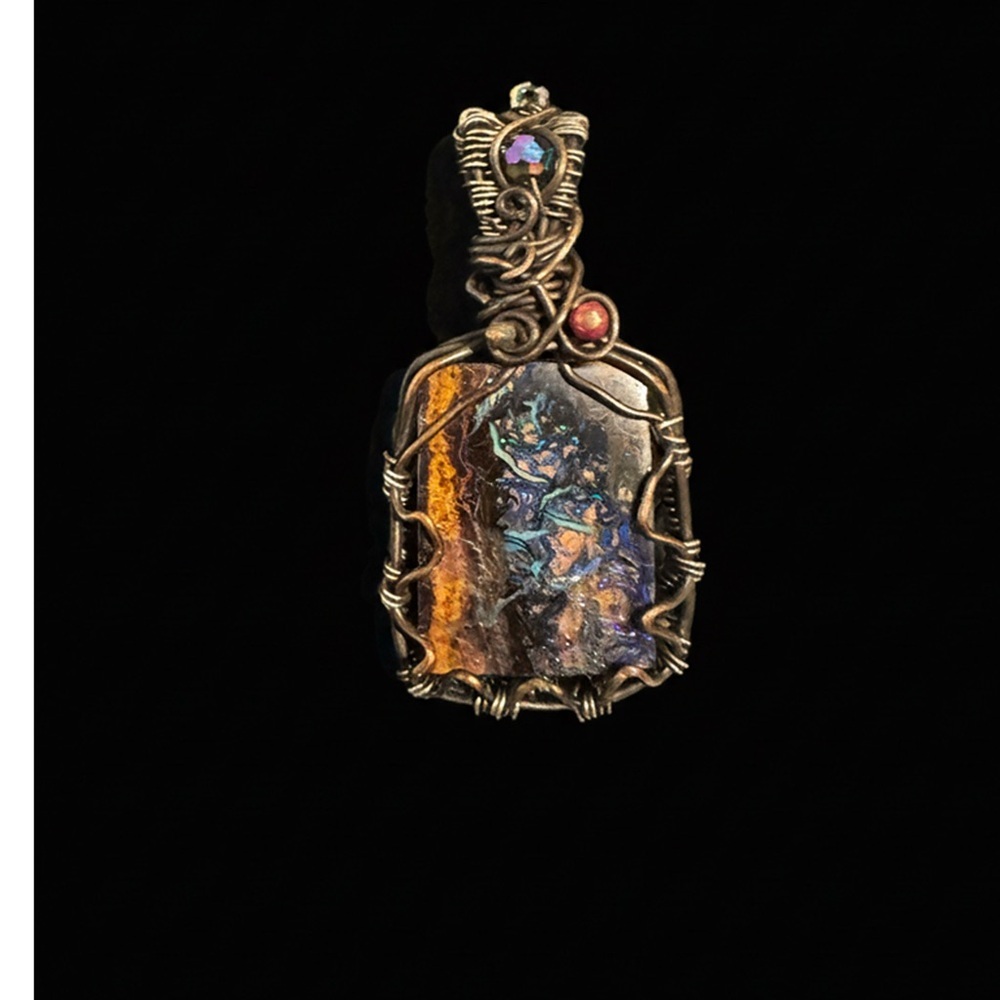 Handcrafted Copper Wire Wrapped Artisan BOULDER OPAL Pendant Necklace OOAK
